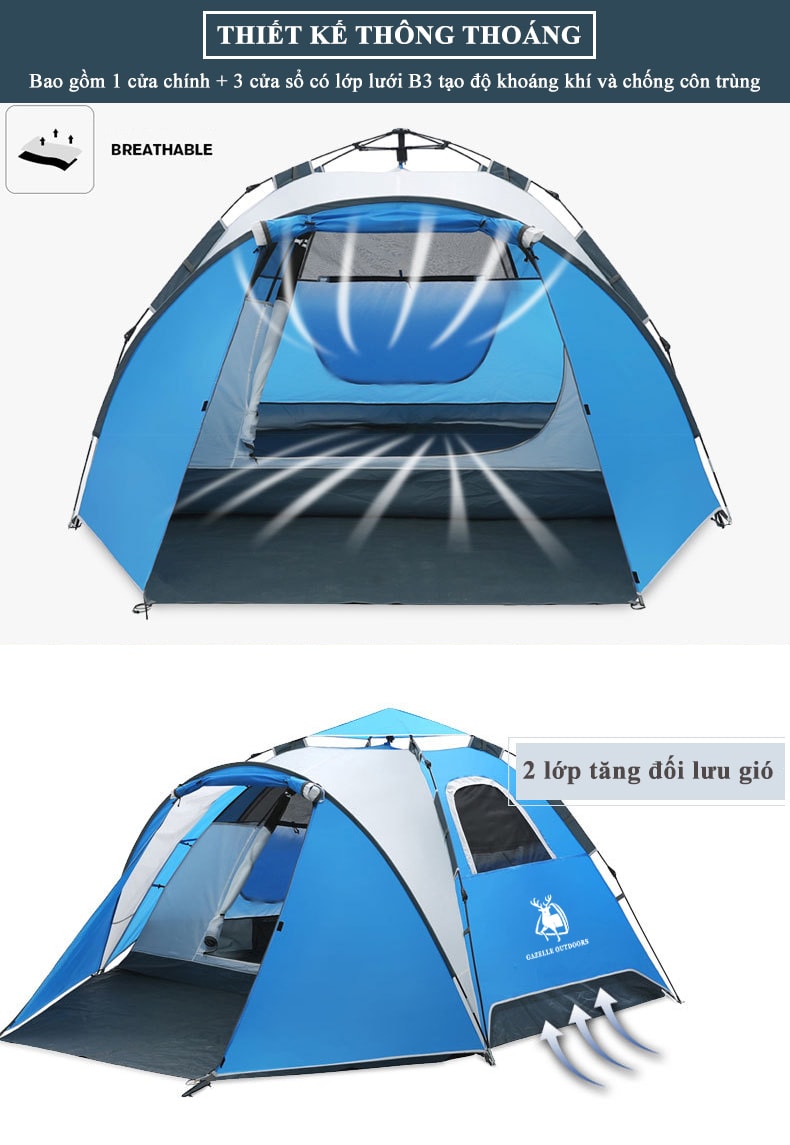 Lều cắm trại dã ngoại bung Gazelle Outdoors GL1668 tự động có thiết kế thông gió và thoáng mát