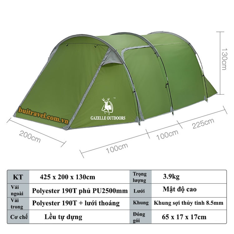 Thông số lều du lịch 5-6 người dạng ống Gazelle Outdoors GL1512