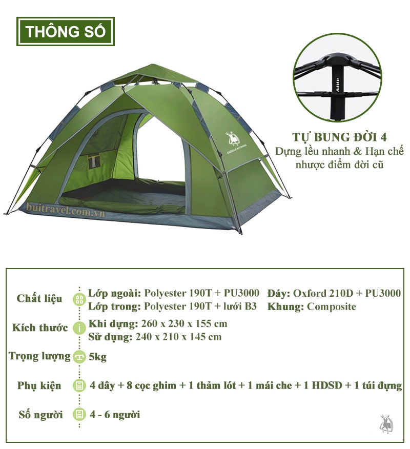 Thông số lều cắm trại tự bung 4-6 người Gazelle Outdoors GL1666